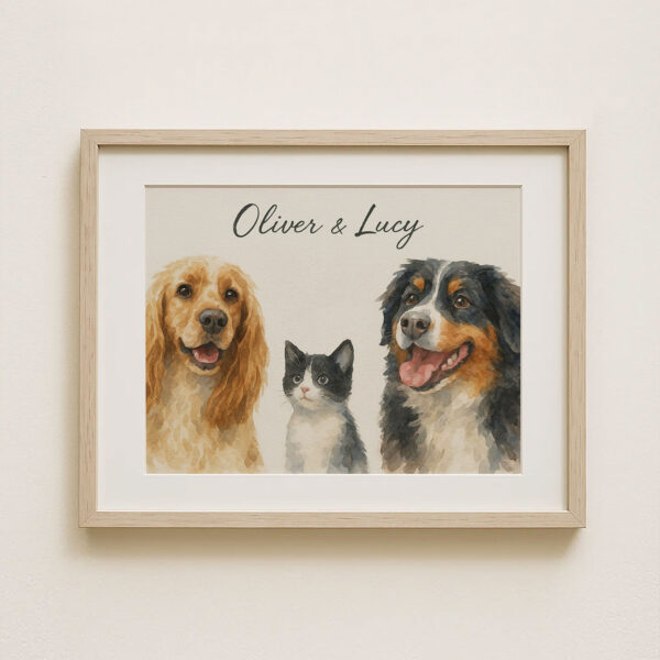 Personalized Pet Portrait of Dogs and Cat Oliver and Lucy in Watercolor Style Decor - Image 8