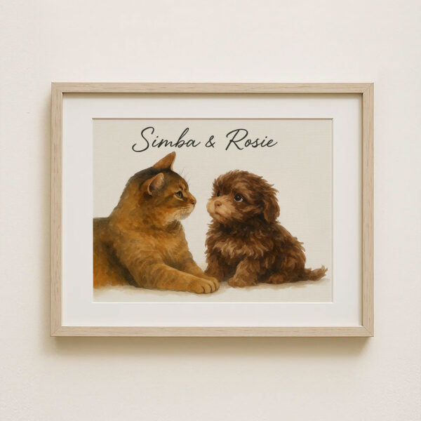 Personalized Pet Art Print of Cat and Dog in Warm Watercolor Style with Names Simba and Rosie - Image 8