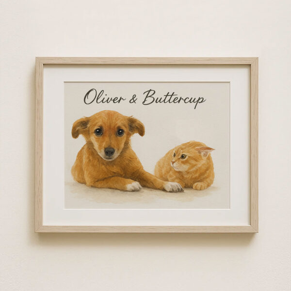 Personalized Pet Art Print Featuring Adorable Dog and Cat Oliver and Buttercup in Warm Watercolor Style - Image 8