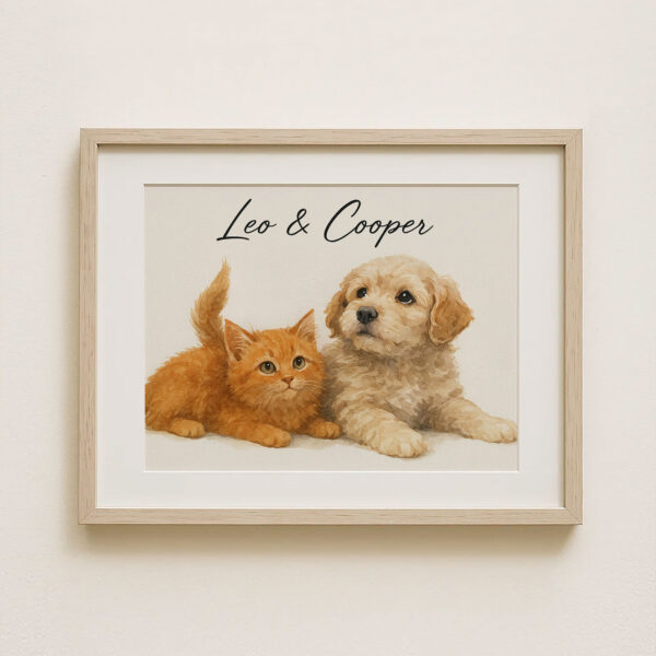 Personalized Pet Portrait Art of Cats and Dogs Featuring Leo and Cooper in a Stylish Frame - Image 8