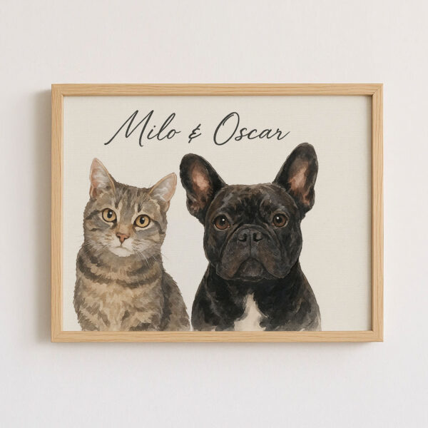 Custom Pet Portrait Art Featuring a Cat and French Bulldog named Milo and Oscar in Modern Frame - Image 7