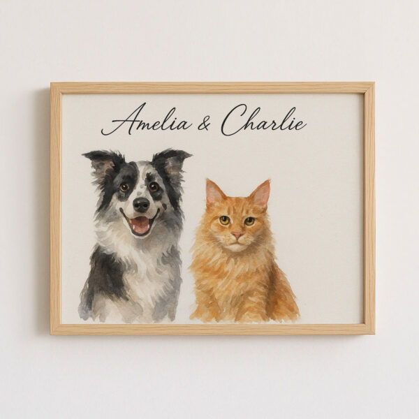 Personalized Pet Portrait of a Happy Dog and Cat in Stylish Watercolor Design - Image 7