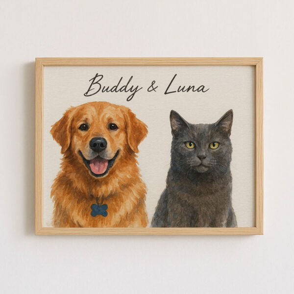 Personalized Pet Portrait Art of Dog and Cat Buddy and Luna in Framed Print Design - Image 7