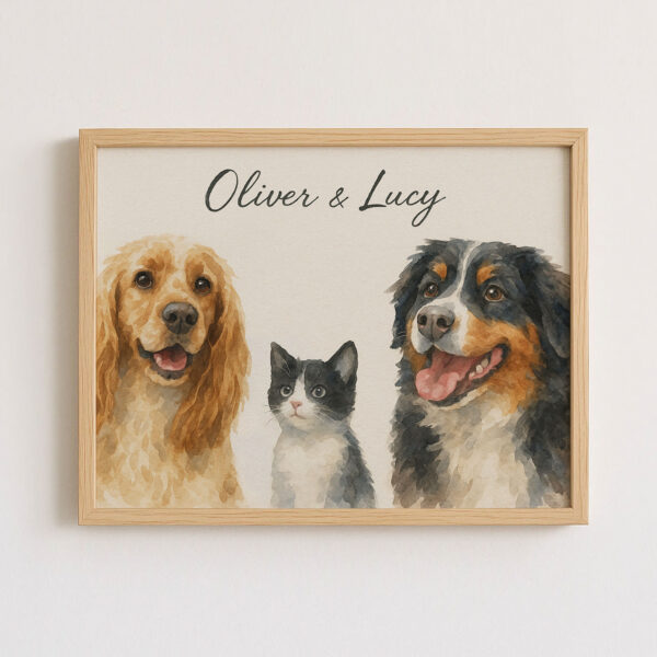 Personalized Pet Portrait of Dogs and Cat Oliver and Lucy in Watercolor Style Decor - Image 7