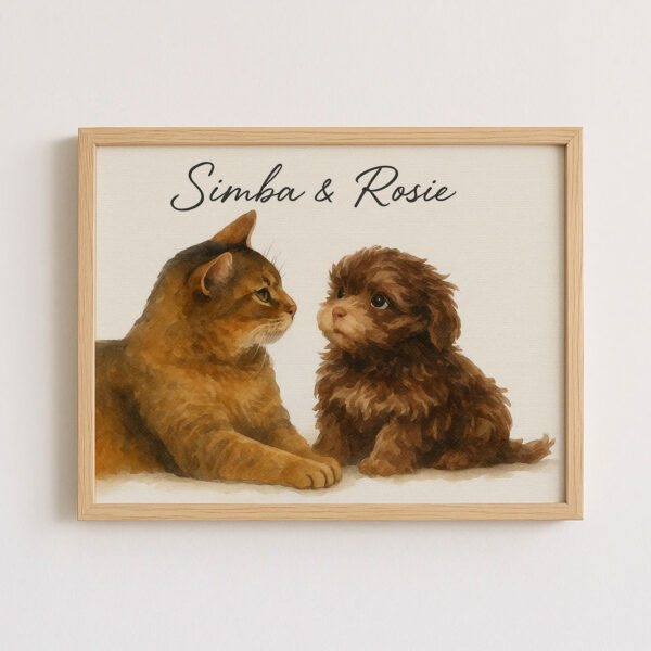Personalized Pet Art Print of Cat and Dog in Warm Watercolor Style with Names Simba and Rosie - Image 7