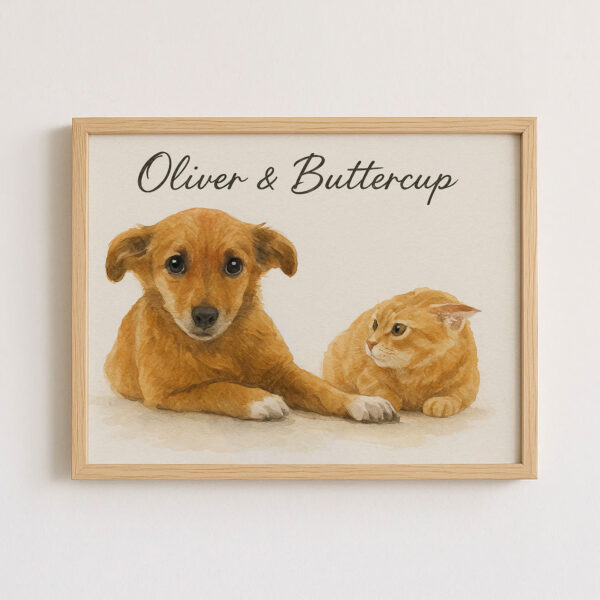 Personalized Pet Art Print Featuring Adorable Dog and Cat Oliver and Buttercup in Warm Watercolor Style - Image 7