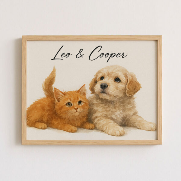 Personalized Pet Portrait Art of Cats and Dogs Featuring Leo and Cooper in a Stylish Frame - Image 7
