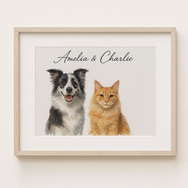 Personalized Pet Portrait of a Happy Dog and Cat in Stylish Watercolor Design - Image 6