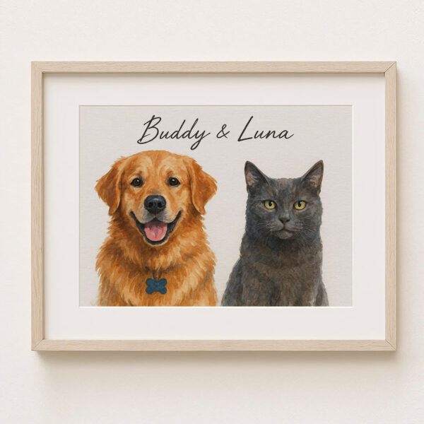 Personalized Pet Portrait Art of Dog and Cat Buddy and Luna in Framed Print Design - Image 6