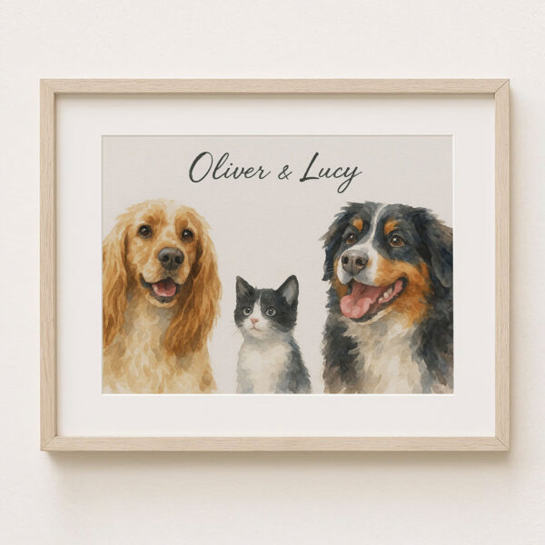 Personalized Pet Portrait of Dogs and Cat Oliver and Lucy in Watercolor Style Decor - Image 6