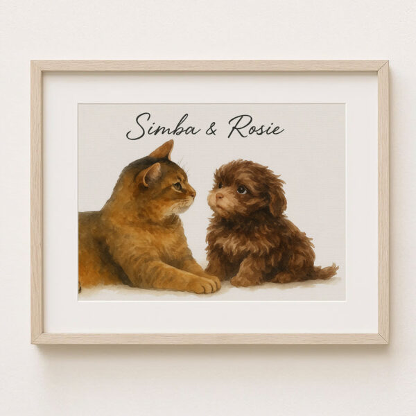 Personalized Pet Art Print of Cat and Dog in Warm Watercolor Style with Names Simba and Rosie - Image 6