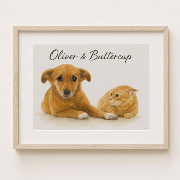 Personalized Pet Art Print Featuring Adorable Dog and Cat Oliver and Buttercup in Warm Watercolor Style - Image 6