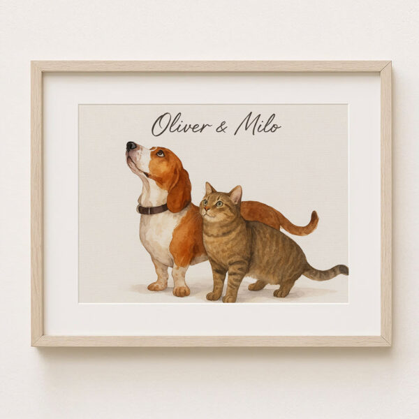 Personalized Pet Portrait of Beagle and Tabby Cat in Watercolor Style for Home Decor - Image 6