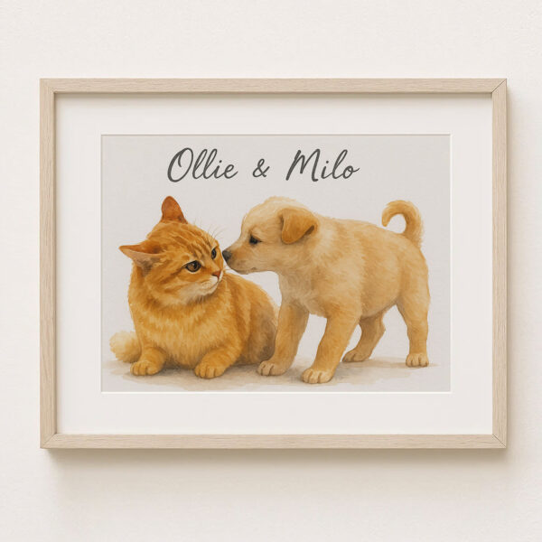 Custom Pet Portrait of Ollie the Cat and Milo the Puppy in Soft Watercolor Style for Animal Lovers - Image 6