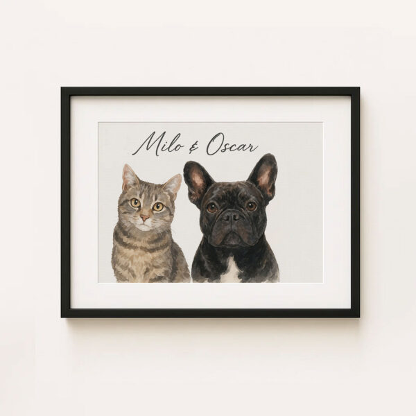 Custom Pet Portrait Art Featuring a Cat and French Bulldog named Milo and Oscar in Modern Frame - Image 5