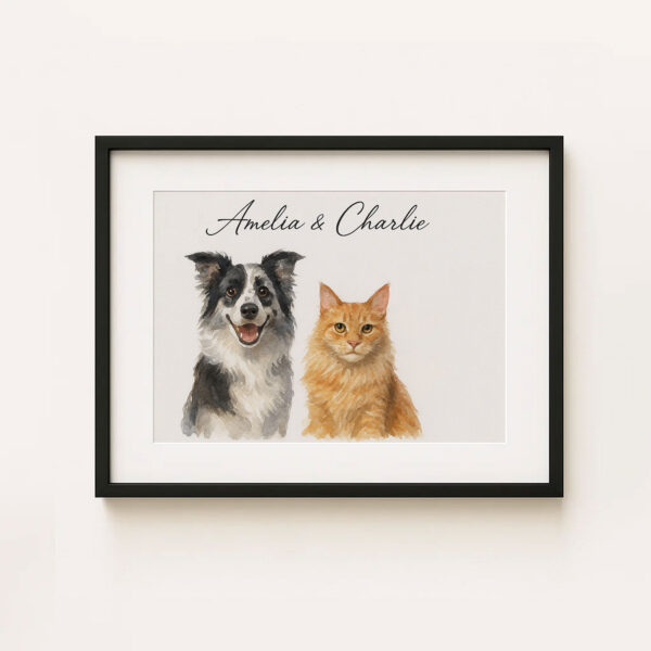 Personalized Pet Portrait of a Happy Dog and Cat in Stylish Watercolor Design - Image 5