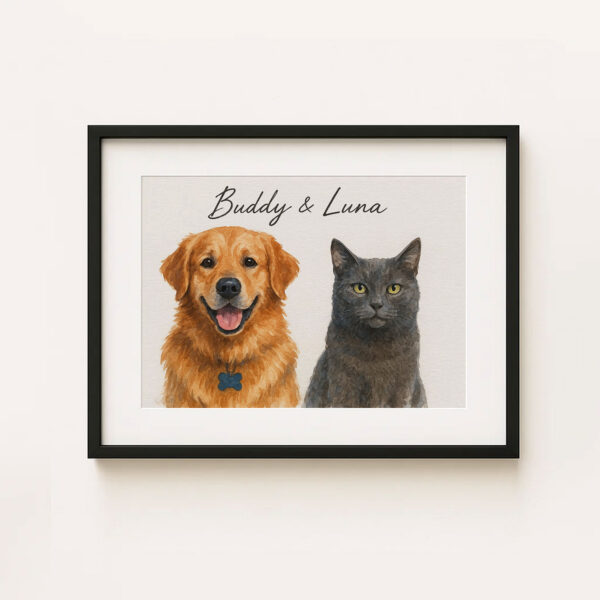 Personalized Pet Portrait Art of Dog and Cat Buddy and Luna in Framed Print Design - Image 5