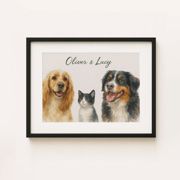 Personalized Pet Portrait of Dogs and Cat Oliver and Lucy in Watercolor Style Decor - Image 5