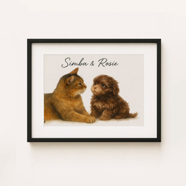 Personalized Pet Art Print of Cat and Dog in Warm Watercolor Style with Names Simba and Rosie - Image 5
