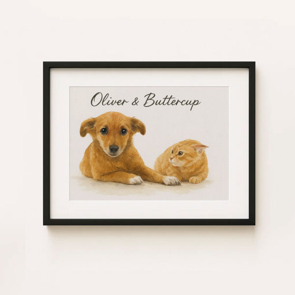 Personalized Pet Art Print Featuring Adorable Dog and Cat Oliver and Buttercup in Warm Watercolor Style - Image 5