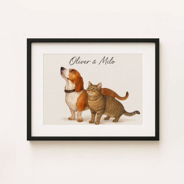 Personalized Pet Portrait of Beagle and Tabby Cat in Watercolor Style for Home Decor - Image 5