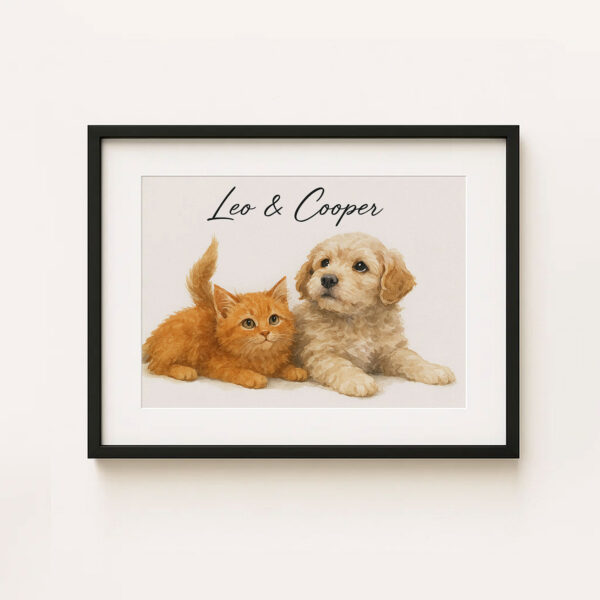 Personalized Pet Portrait Art of Cats and Dogs Featuring Leo and Cooper in a Stylish Frame - Image 5