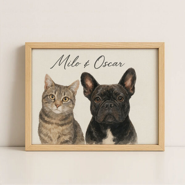 Custom Pet Portrait Art Featuring a Cat and French Bulldog named Milo and Oscar in Modern Frame - Image 4