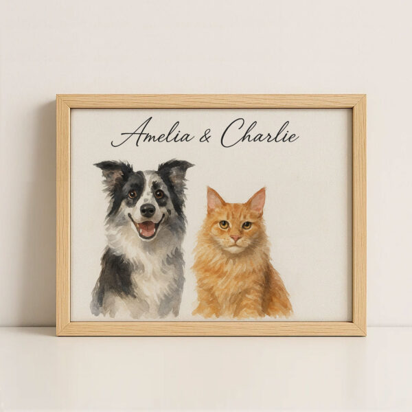 Personalized Pet Portrait of a Happy Dog and Cat in Stylish Watercolor Design - Image 4