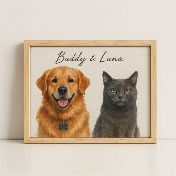 Personalized Pet Portrait Art of Dog and Cat Buddy and Luna in Framed Print Design - Image 4