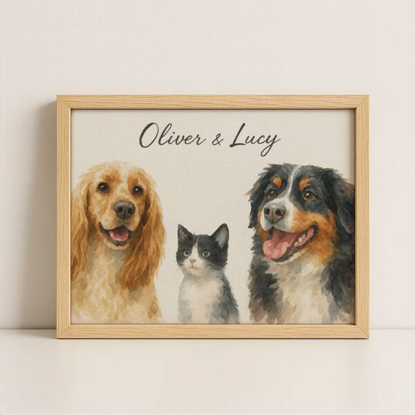 Personalized Pet Portrait of Dogs and Cat Oliver and Lucy in Watercolor Style Decor - Image 4