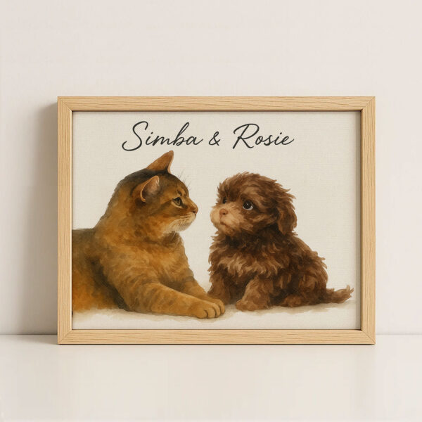 Personalized Pet Art Print of Cat and Dog in Warm Watercolor Style with Names Simba and Rosie - Image 4