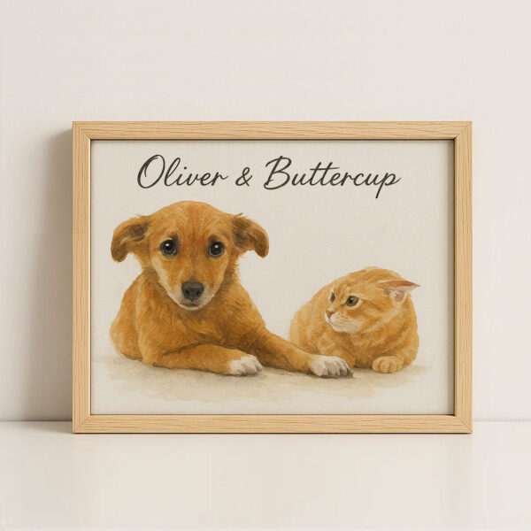 Personalized Pet Art Print Featuring Adorable Dog and Cat Oliver and Buttercup in Warm Watercolor Style - Image 4