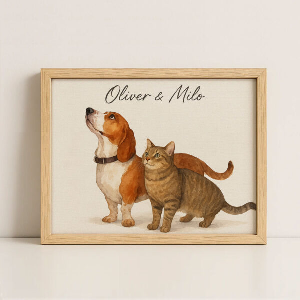 Personalized Pet Portrait of Beagle and Tabby Cat in Watercolor Style for Home Decor - Image 4