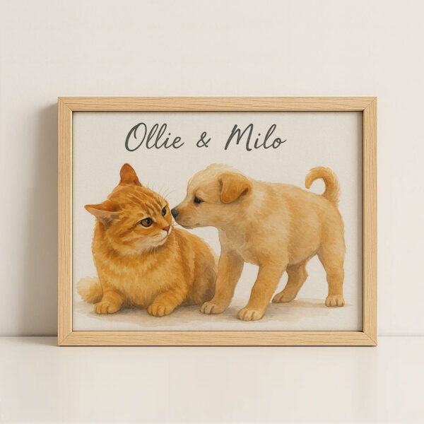 Custom Pet Portrait of Ollie the Cat and Milo the Puppy in Soft Watercolor Style for Animal Lovers - Image 4