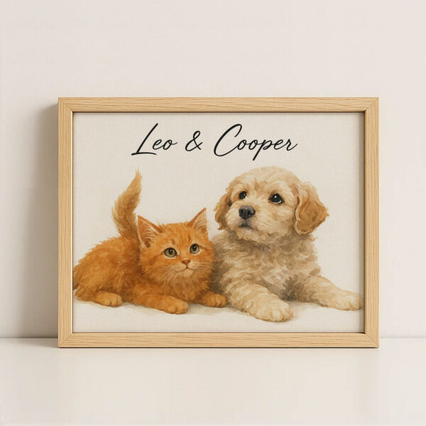 Personalized Pet Portrait Art of Cats and Dogs Featuring Leo and Cooper in a Stylish Frame - Image 4
