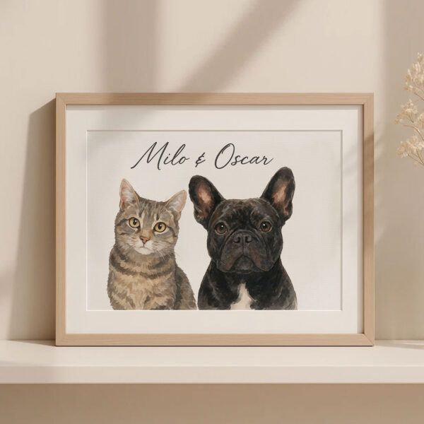 Custom Pet Portrait Art Featuring a Cat and French Bulldog named Milo and Oscar in Modern Frame - Image 3