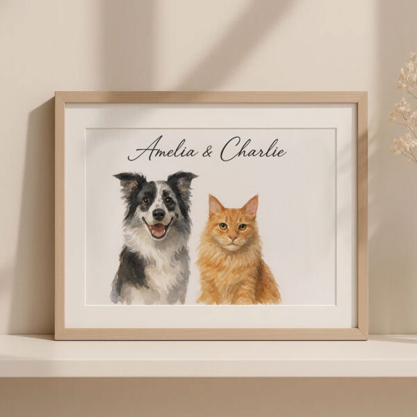 Personalized Pet Portrait of a Happy Dog and Cat in Stylish Watercolor Design - Image 3