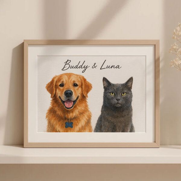 Personalized Pet Portrait Art of Dog and Cat Buddy and Luna in Framed Print Design - Image 3