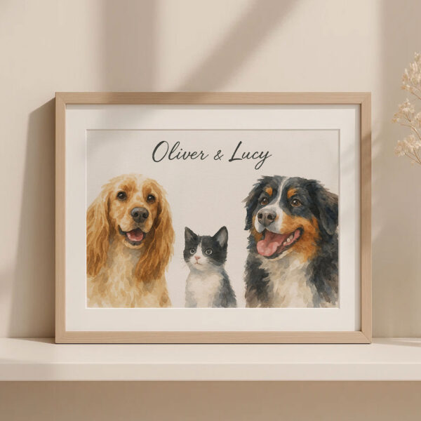 Personalized Pet Portrait of Dogs and Cat Oliver and Lucy in Watercolor Style Decor - Image 3