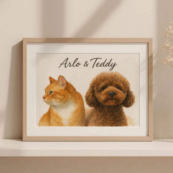 Custom Pet Portrait Art Featuring a Cat and Dog in Stylish Frame for Home Decor - Image 3