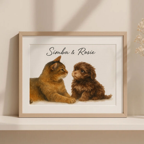 Personalized Pet Art Print of Cat and Dog in Warm Watercolor Style with Names Simba and Rosie - Image 3