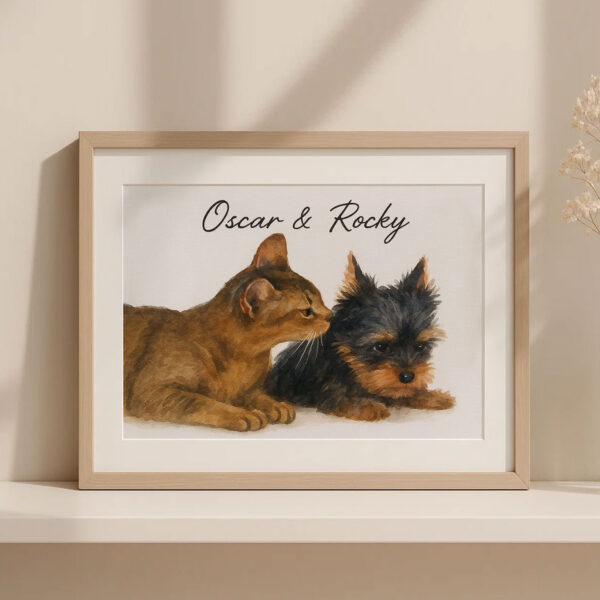 Personalized Pet Portrait Art Featuring a Cat and Dog Named Oscar and Rocky in a Modern Frame - Image 3