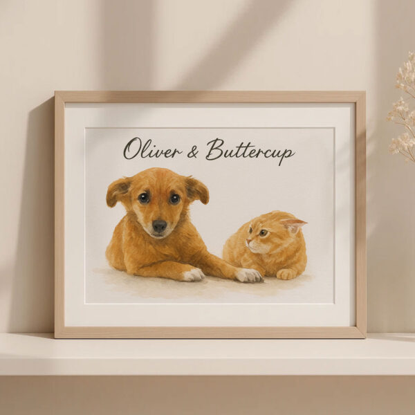 Personalized Pet Art Print Featuring Adorable Dog and Cat Oliver and Buttercup in Warm Watercolor Style - Image 3