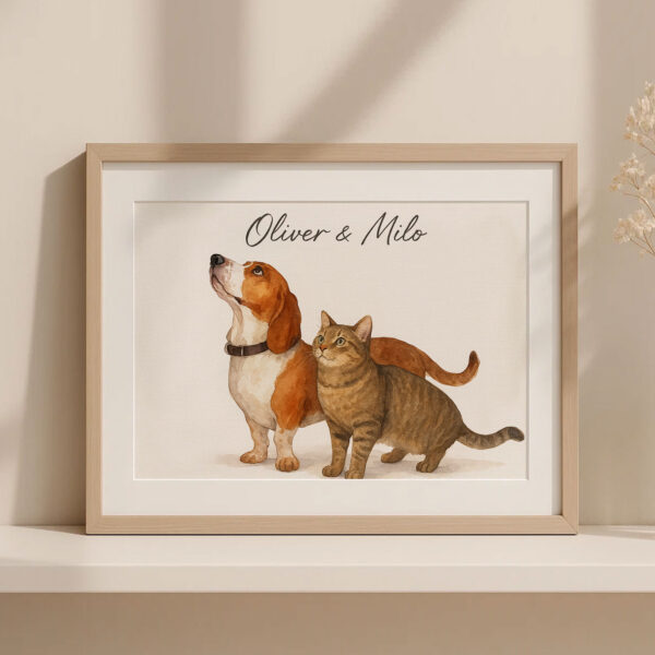 Personalized Pet Portrait of Beagle and Tabby Cat in Watercolor Style for Home Decor - Image 3