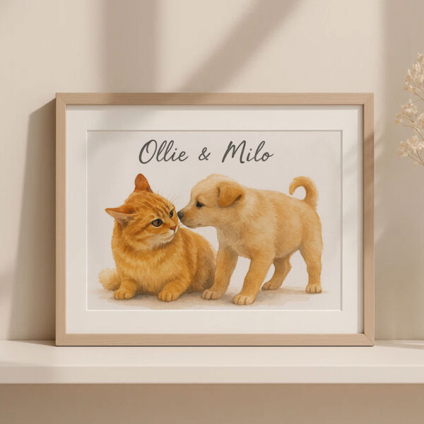 Custom Pet Portrait of Ollie the Cat and Milo the Puppy in Soft Watercolor Style for Animal Lovers - Image 3