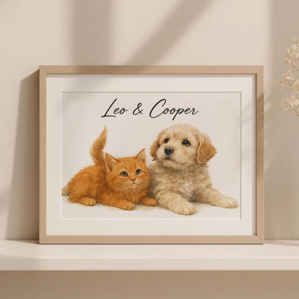 Personalized Pet Portrait Art of Cats and Dogs Featuring Leo and Cooper in a Stylish Frame - Image 3