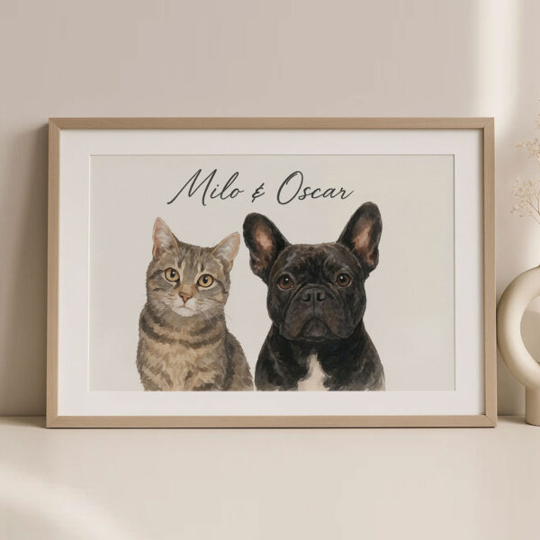 Custom Pet Portrait Art Featuring a Cat and French Bulldog named Milo and Oscar in Modern Frame - Image 2