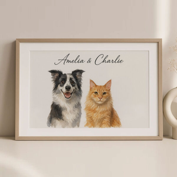 Personalized Pet Portrait of a Happy Dog and Cat in Stylish Watercolor Design - Image 2