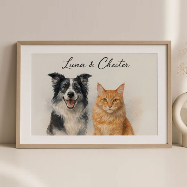Personalized Watercolor Pet Portrait of Dog and Cat Framed Art for Home Decor - Image 2