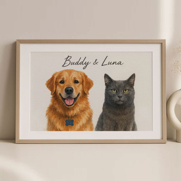 Personalized Pet Portrait Art of Dog and Cat Buddy and Luna in Framed Print Design - Image 2